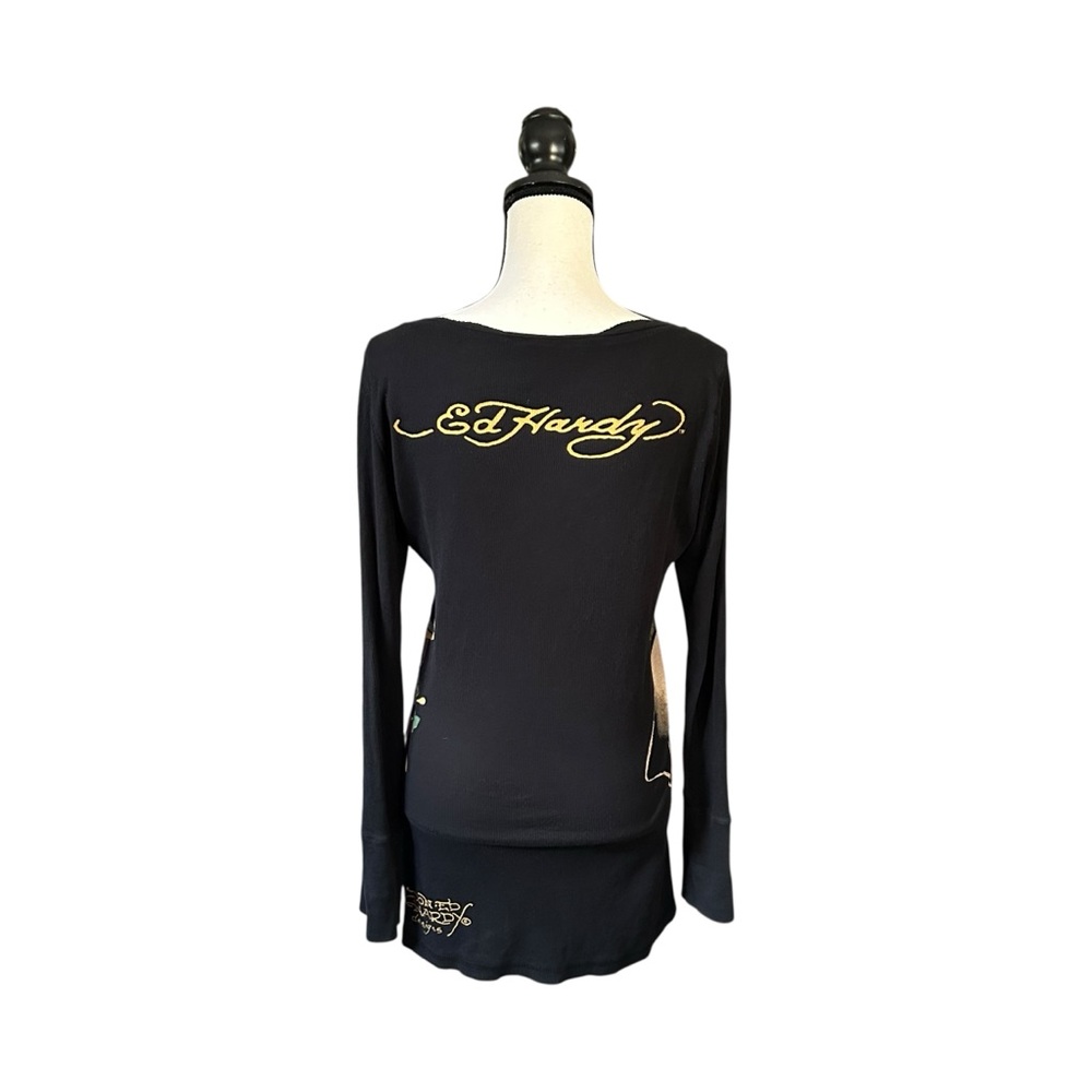 VTG Y2K Ed Hardy Black Long Sleeve Tattoo Graphic Shirt / Mini Dress Goth Medium - Picture 2 of 16
